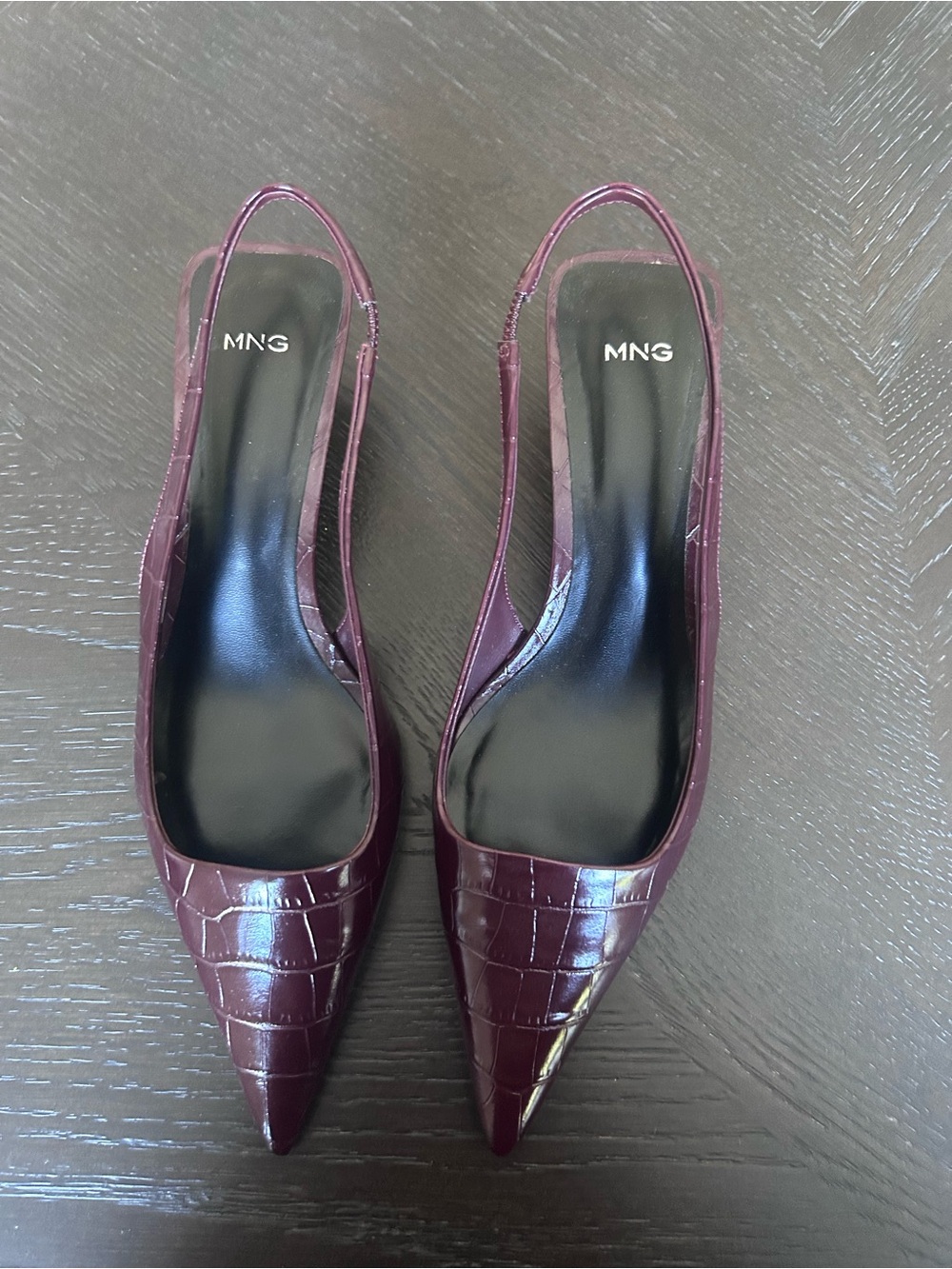 Mango Croc-Embossed Pointed Slingback Pumps in Deep Wine